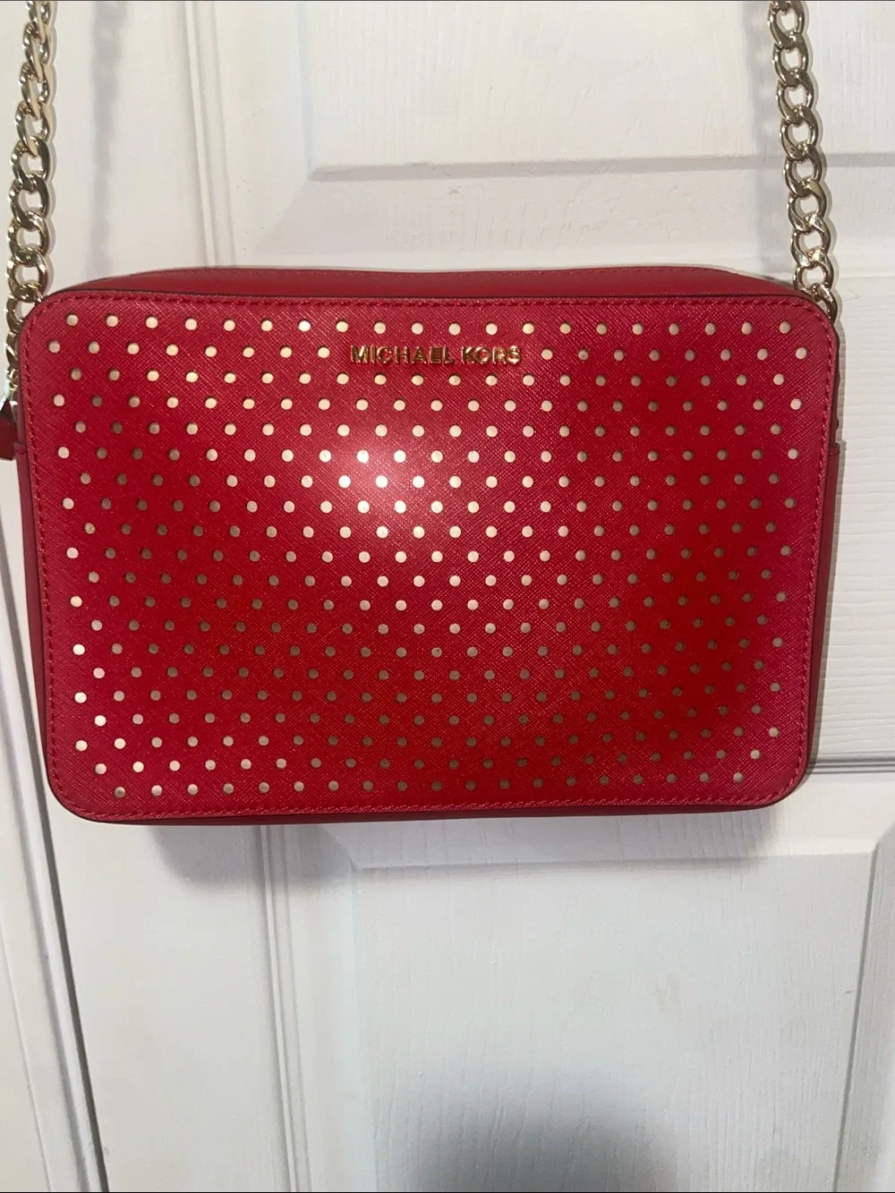 Michael Kors Red Perforated Crossbody with Gold Chain
